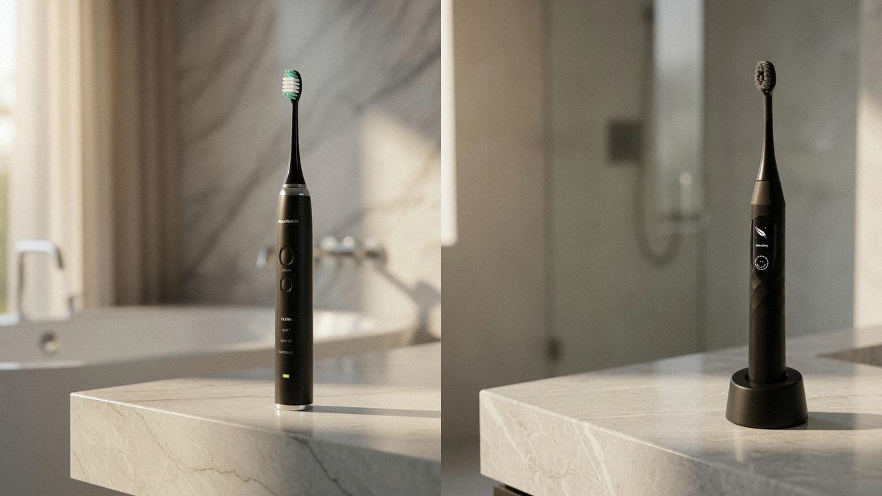 AquaSonic Black Series beside Burst Pro 2.0 on the same bathroom counter