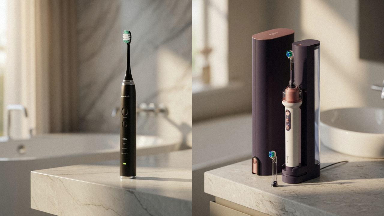 AquaSonic Black Series beside Dyson CameraJet on the same bathroom counter
