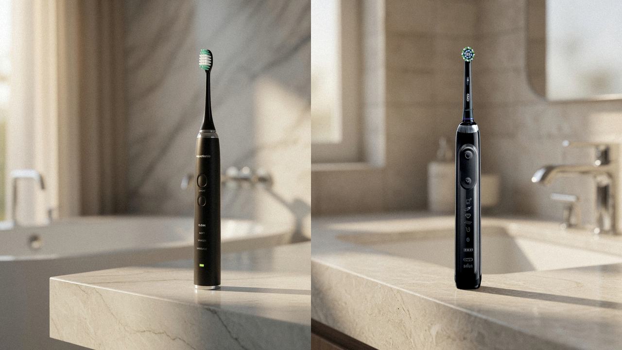 AquaSonic Black Series beside Oral-B Genius X on the same bathroom counter