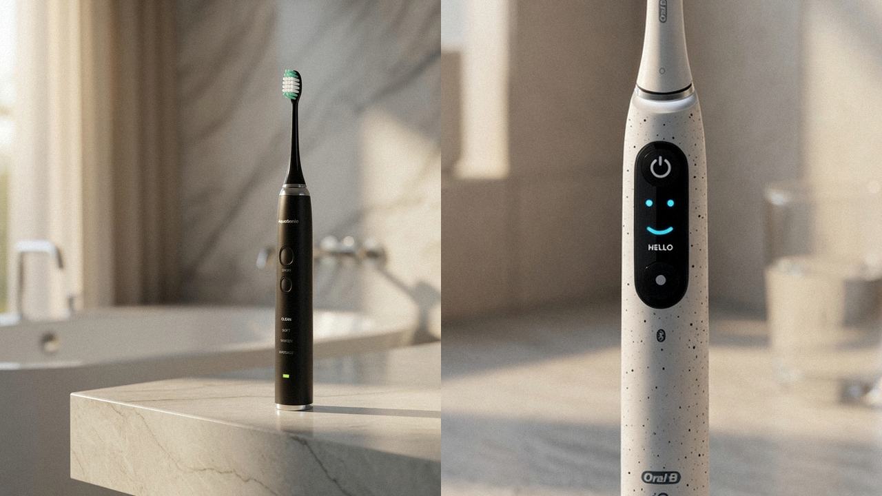 AquaSonic Black Series beside Oral-B iO Series 10 on the same bathroom counter