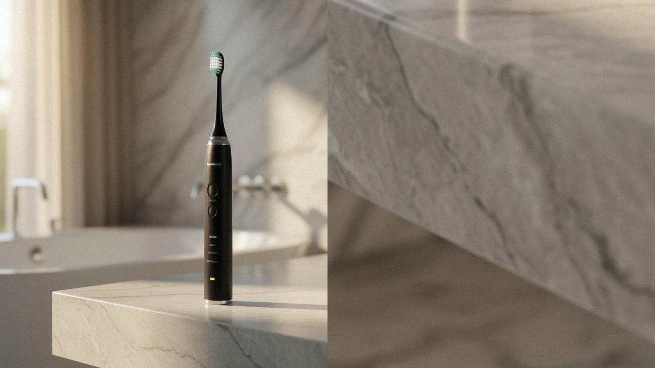 AquaSonic Black Series beside Oral-B iO Series 5 on the same bathroom counter