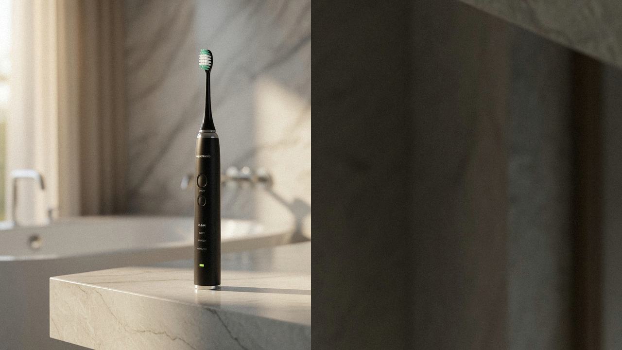 AquaSonic Black Series beside Oral-B iO Series 7 on the same bathroom counter