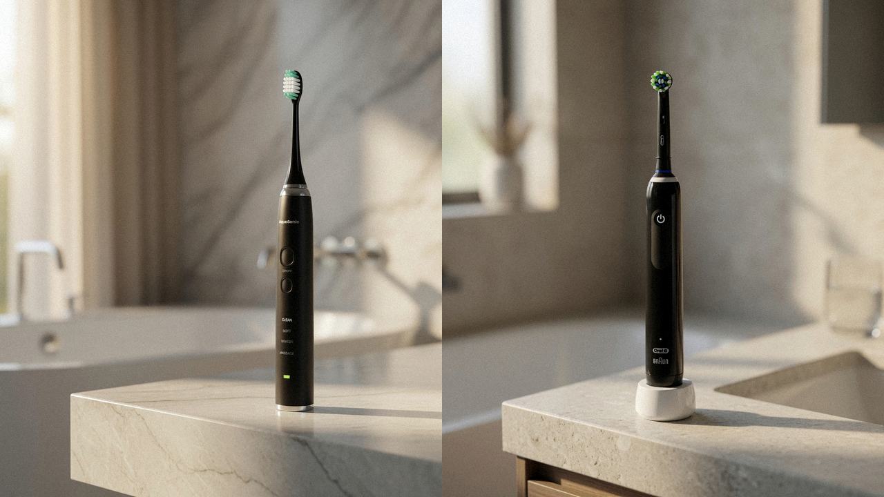 AquaSonic Black Series beside Oral-B Smart 1500 on the same bathroom counter