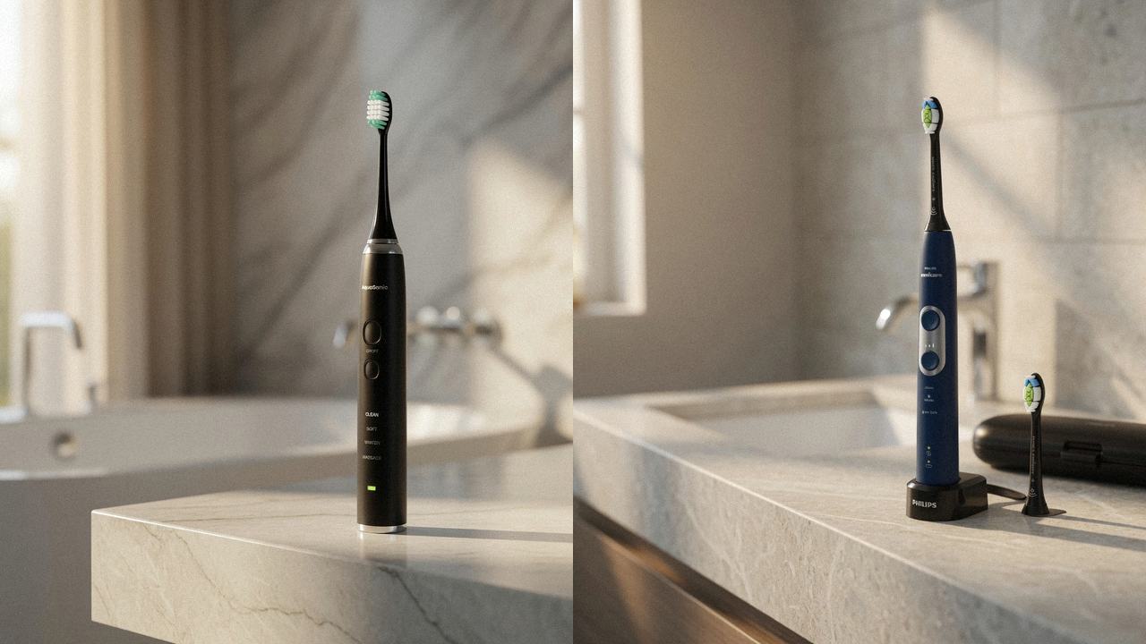 AquaSonic Black Series beside Philips Sonicare ProtectiveClean 6100 on the same bathroom counter