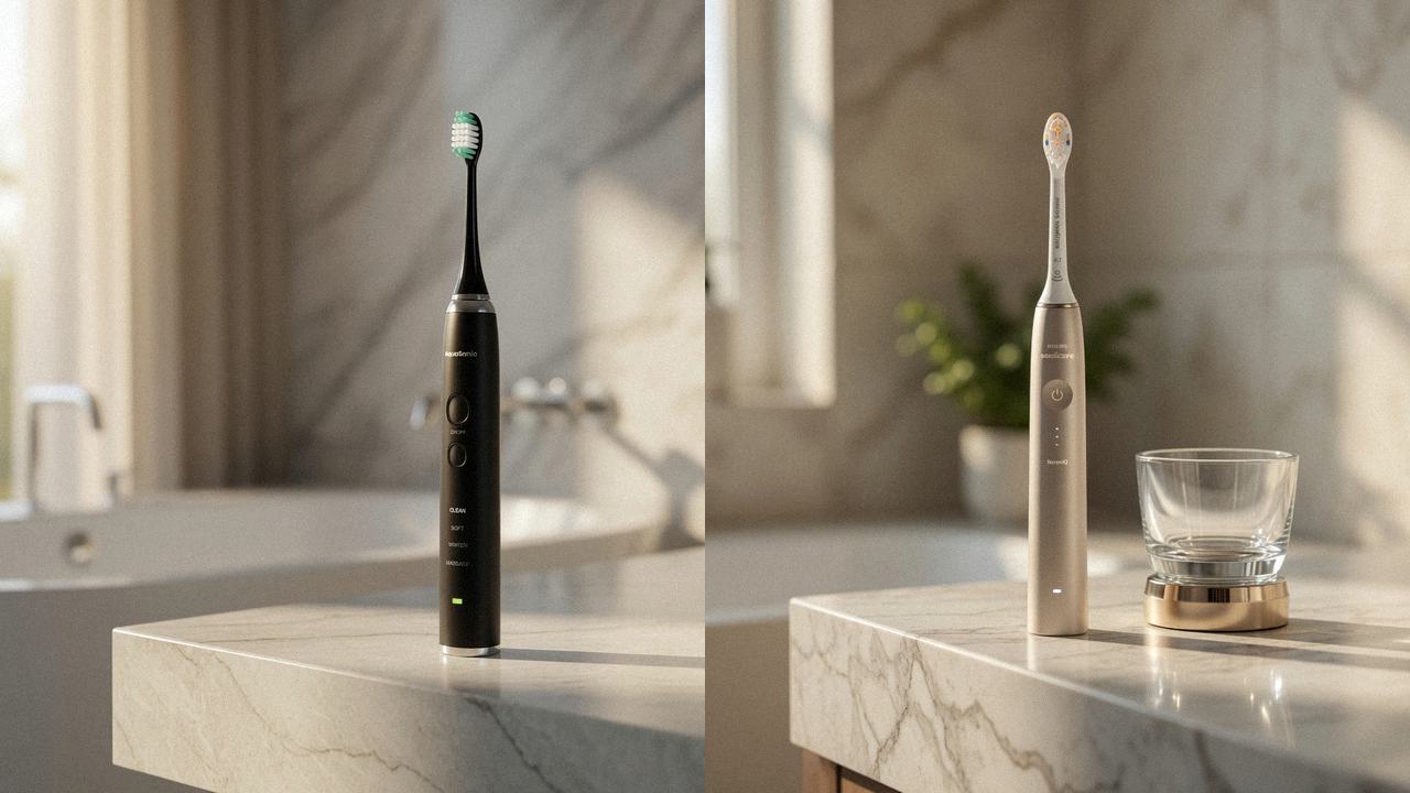 AquaSonic Black Series beside Philips Sonicare DiamondClean 9900 Prestige on the same bathroom counter