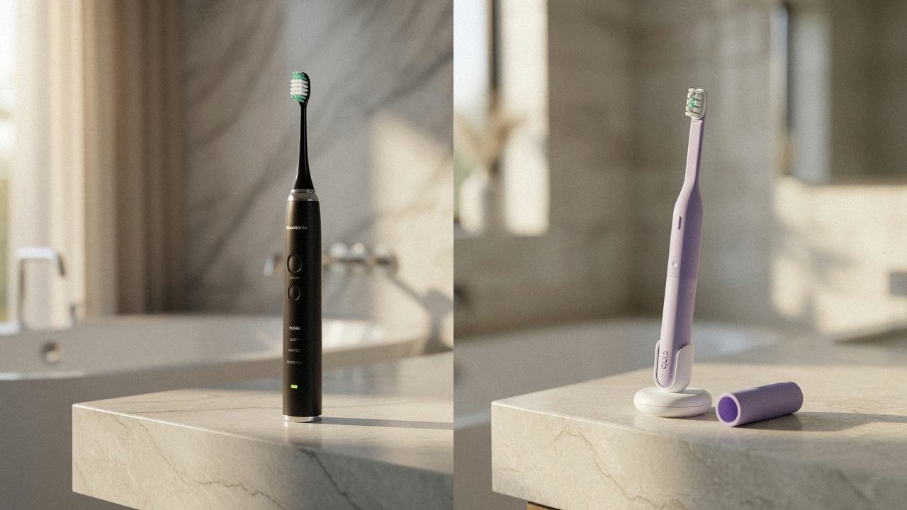 AquaSonic Black Series beside Quip Ultra Lite Sonic on the same bathroom counter