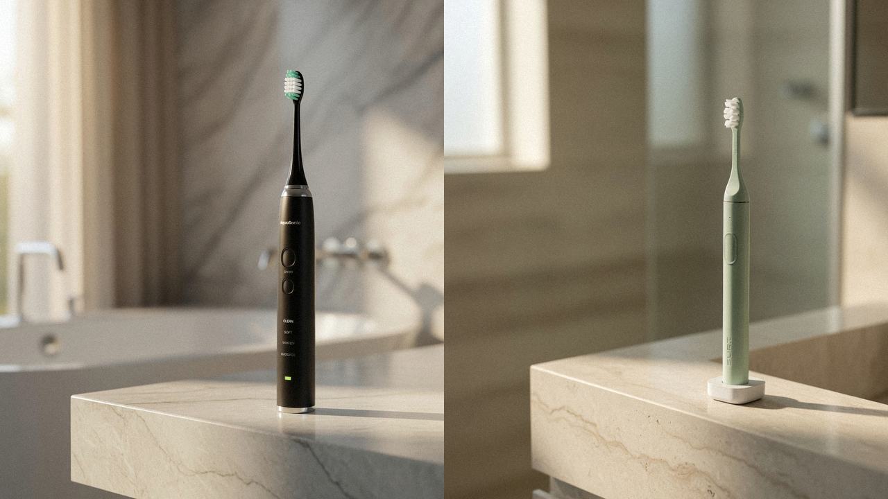 AquaSonic Black Series beside SURI 2.0 on the same bathroom counter