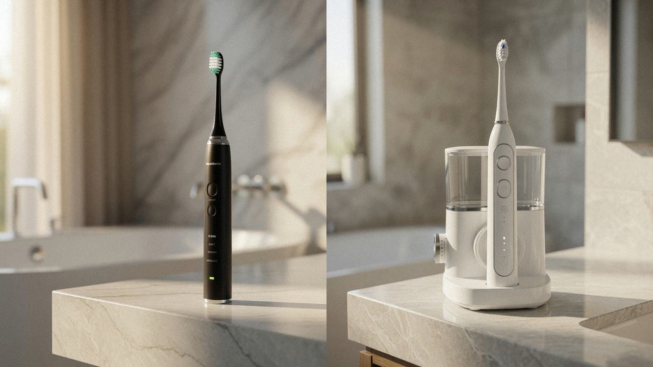 AquaSonic Black Series beside Waterpik Sonic-Fusion 2.0 on the same bathroom counter