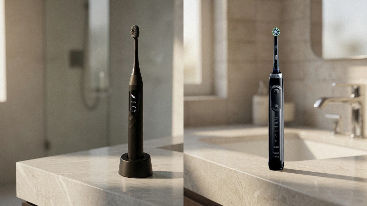 Burst Pro 2.0 beside Oral-B Genius X on the same bathroom counter