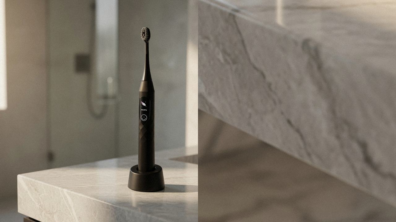 Burst Pro 2.0 beside Oral-B iO Series 5 on the same bathroom counter