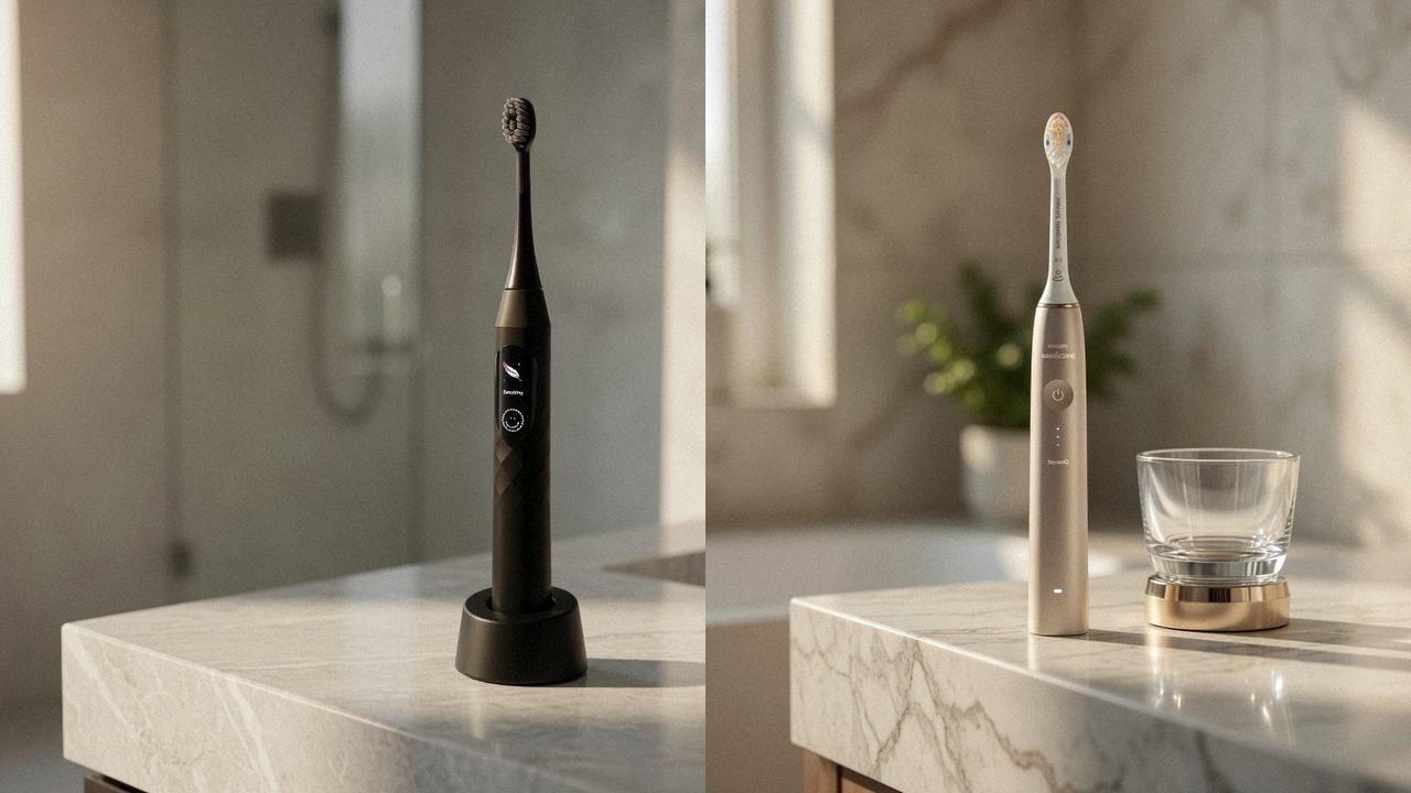 Burst Pro 2.0 beside Philips Sonicare DiamondClean 9900 Prestige on the same bathroom counter