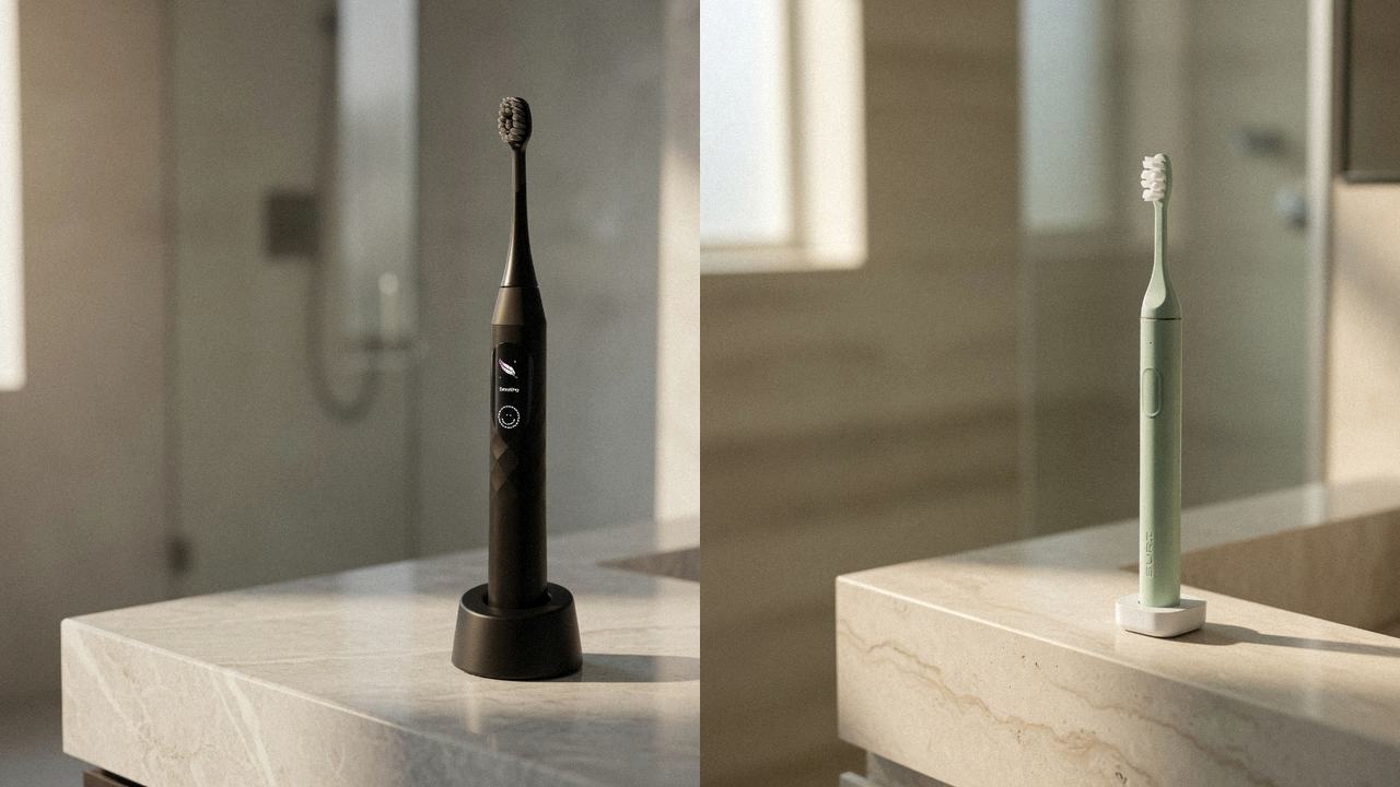 Burst Pro 2.0 beside SURI 2.0 on the same bathroom counter