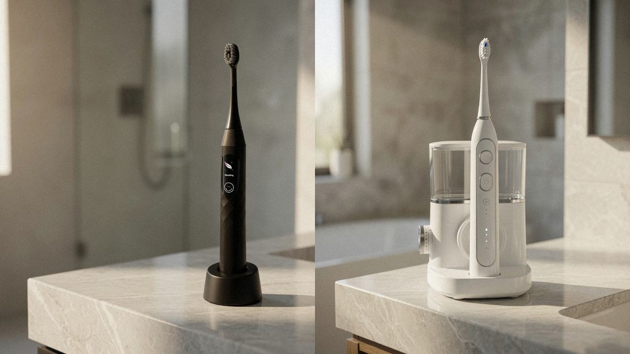 Burst Pro 2.0 beside Waterpik Sonic-Fusion 2.0 on the same bathroom counter