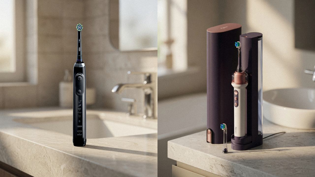 Oral-B Genius X beside Dyson CameraJet on the same bathroom counter