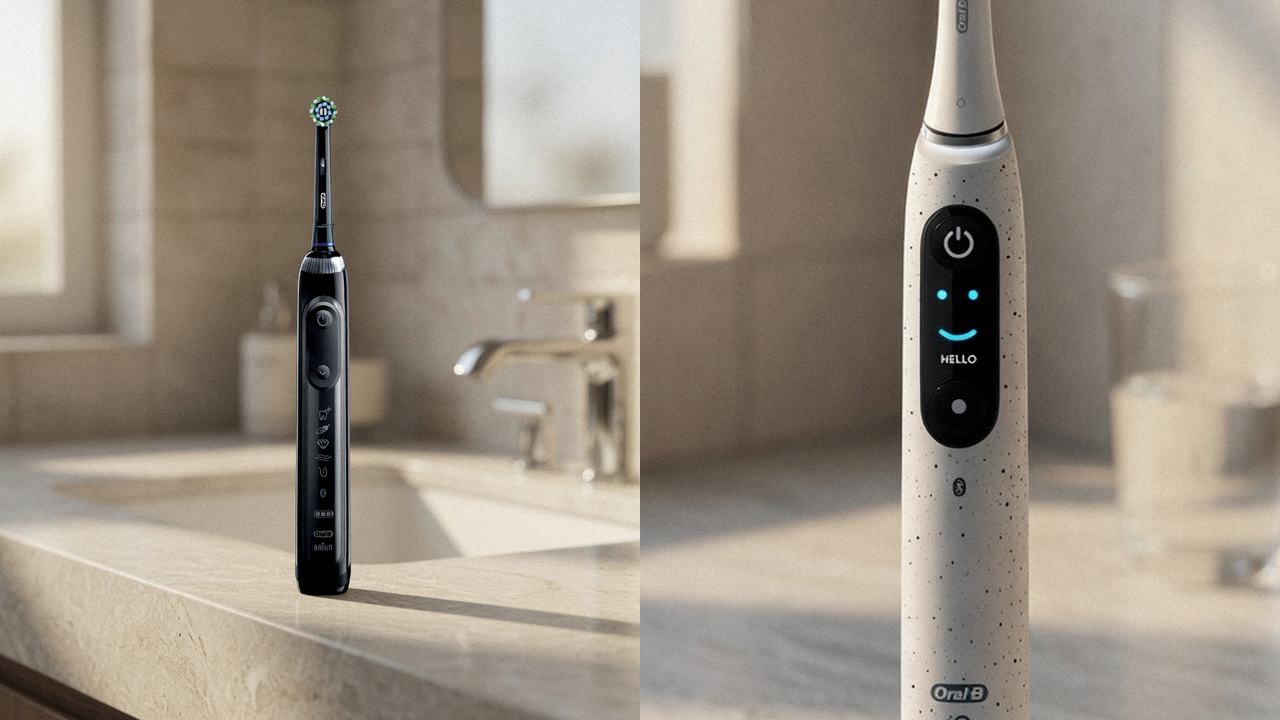 Oral-B Genius X beside Oral-B iO Series 10 on the same bathroom counter
