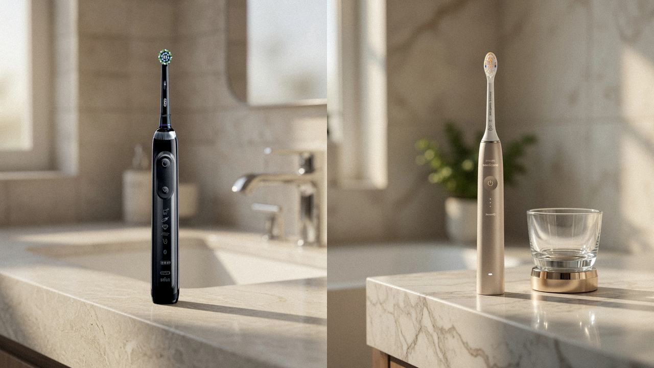 Oral-B Genius X beside Philips Sonicare DiamondClean 9900 Prestige on the same bathroom counter