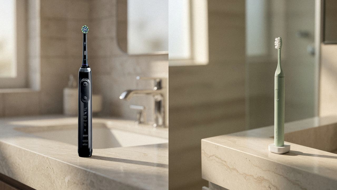 Oral-B Genius X beside SURI 2.0 on the same bathroom counter