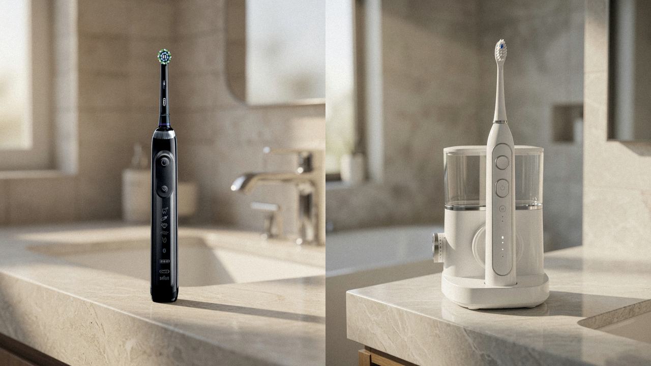 Oral-B Genius X beside Waterpik Sonic-Fusion 2.0 on the same bathroom counter