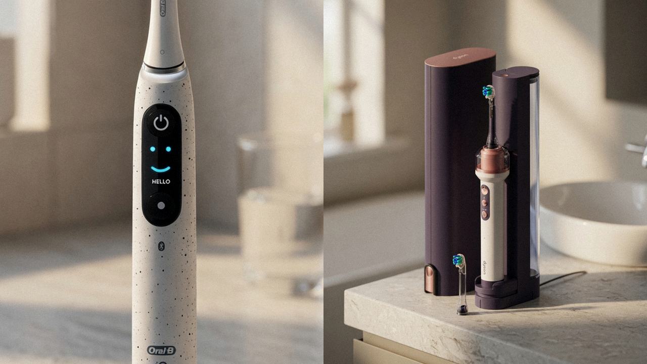 Oral-B iO Series 10 beside Dyson CameraJet on the same bathroom counter