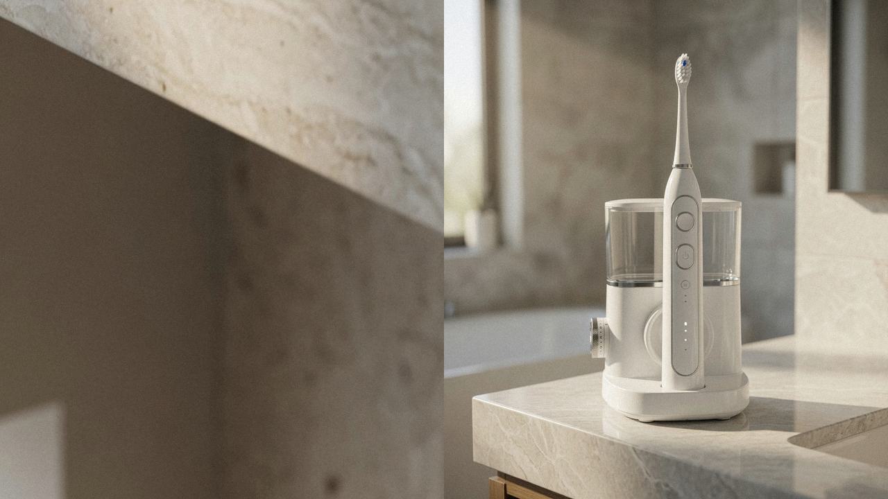 Oral-B iO Series 2 beside Waterpik Sonic-Fusion 2.0 on the same bathroom counter