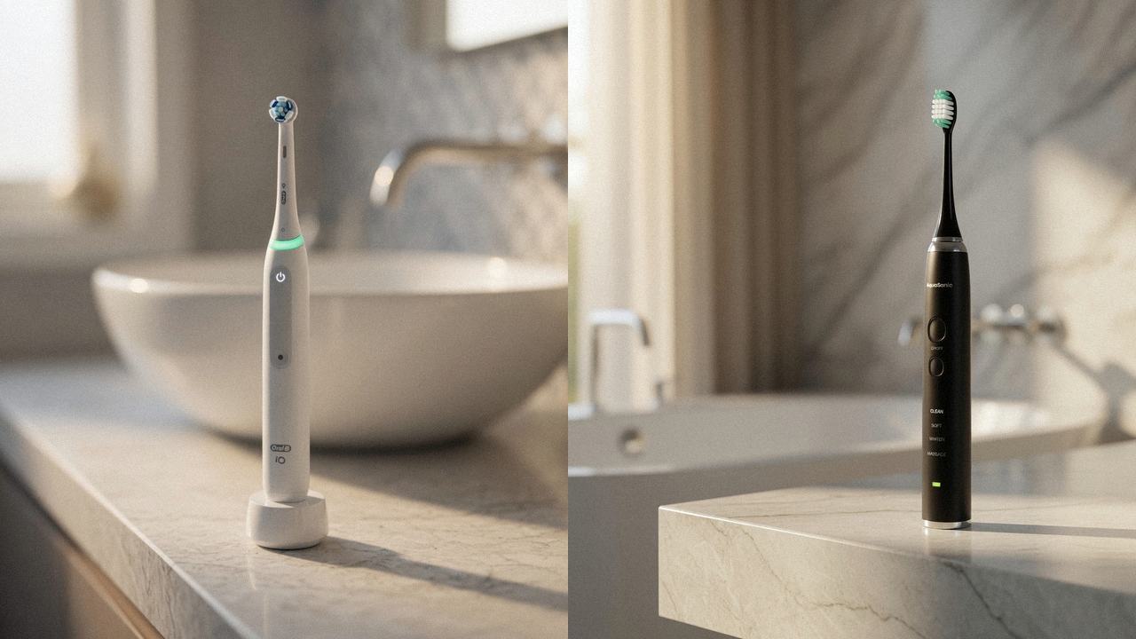 Oral-B iO Series 3 beside AquaSonic Black Series on the same bathroom counter