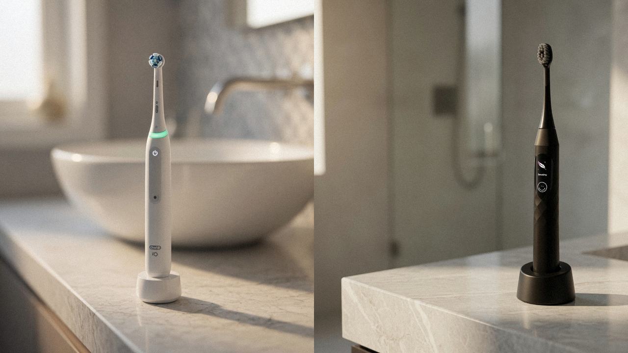 Oral-B iO Series 3 beside Burst Pro 2.0 on the same bathroom counter