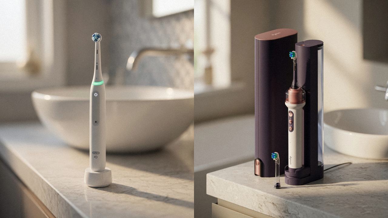 Oral-B iO Series 3 beside Dyson CameraJet on the same bathroom counter