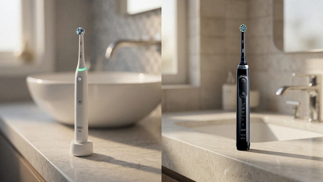 Oral-B iO Series 3 beside Oral-B Genius X on the same bathroom counter
