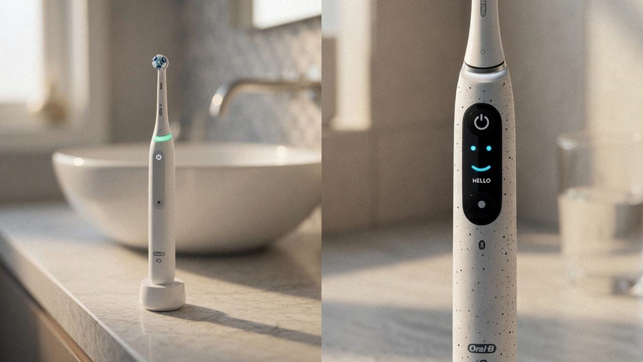 Oral-B iO Series 3 beside Oral-B iO Series 10 on the same bathroom counter