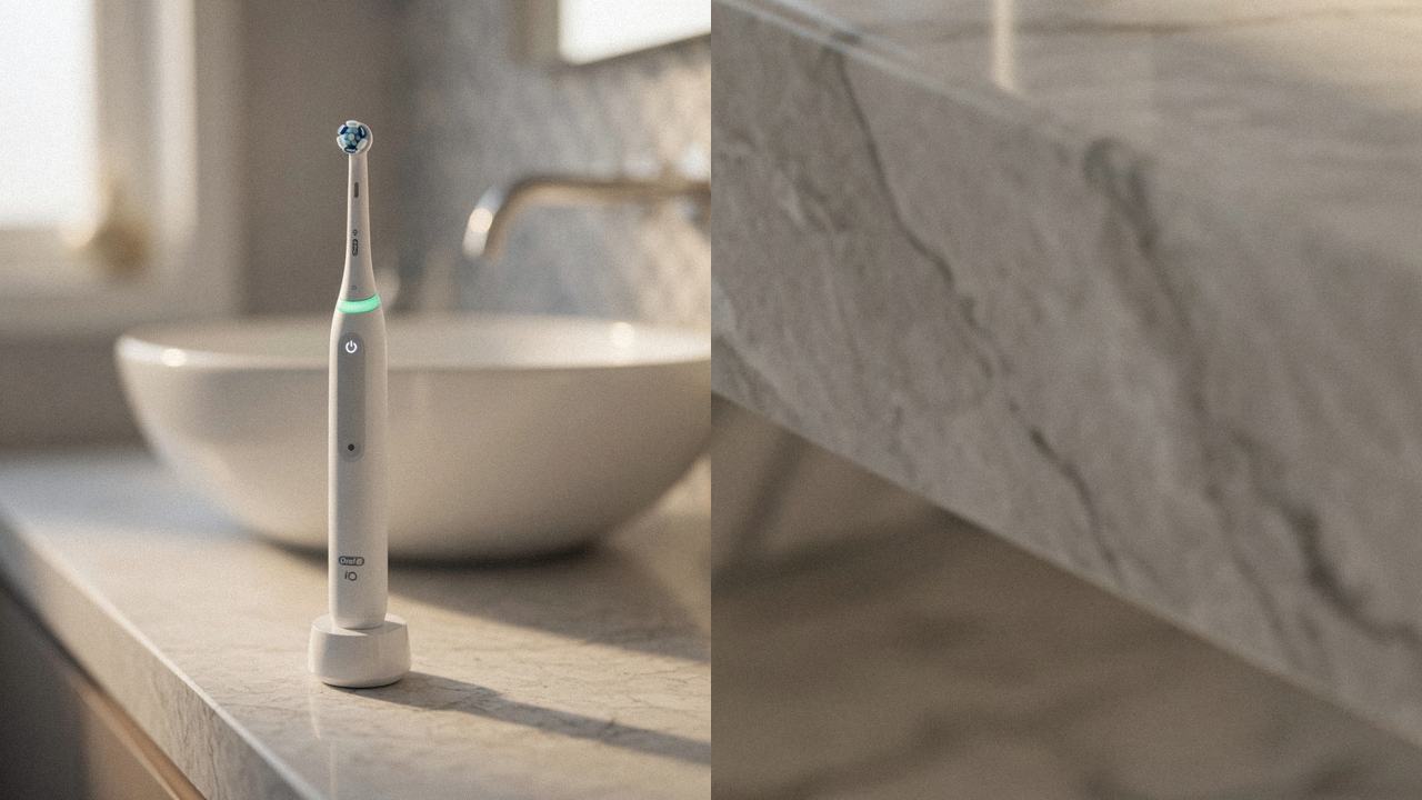 Oral-B iO Series 3 beside Oral-B iO Series 5 on the same bathroom counter