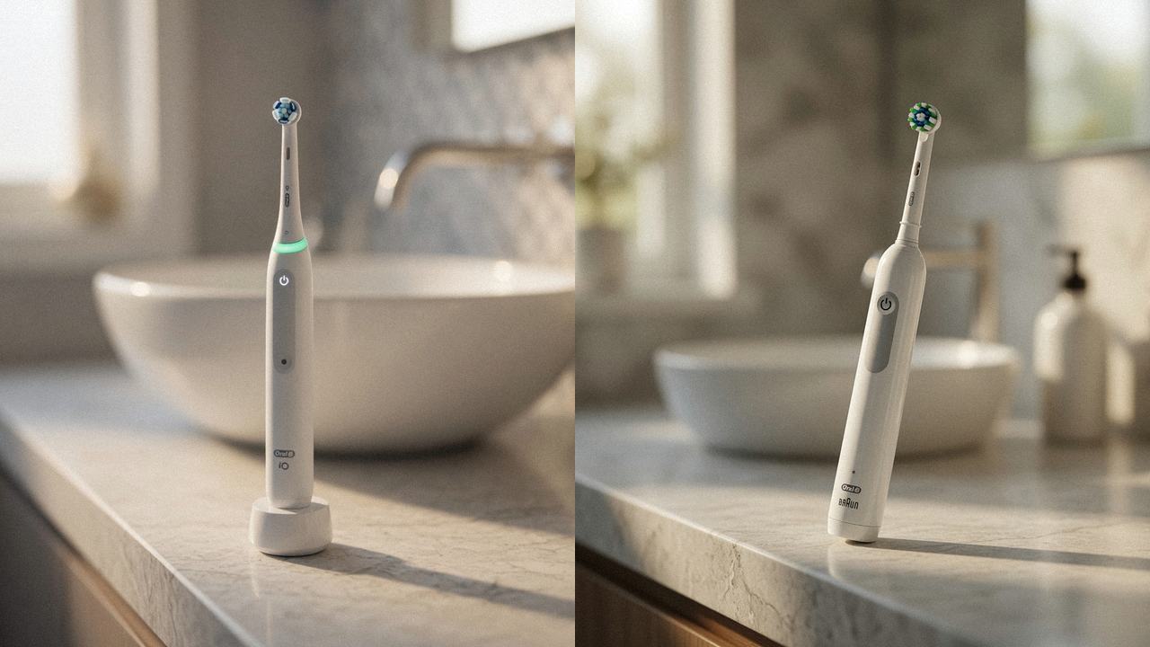 Oral-B iO Series 3 beside Oral-B Pro 1000 on the same bathroom counter