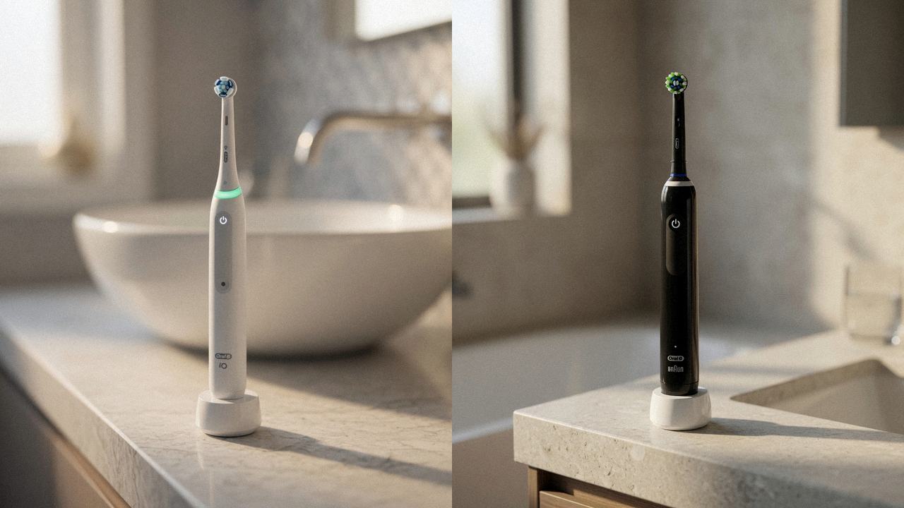 Oral-B iO Series 3 beside Oral-B Smart 1500 on the same bathroom counter
