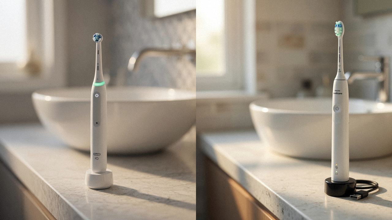 Oral-B iO Series 3 beside Philips Sonicare 4100 on the same bathroom counter