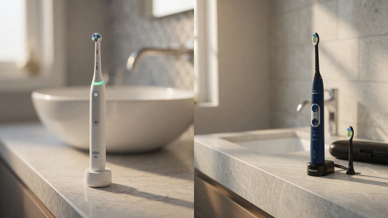 Oral-B iO Series 3 beside Philips Sonicare ProtectiveClean 6100 on the same bathroom counter
