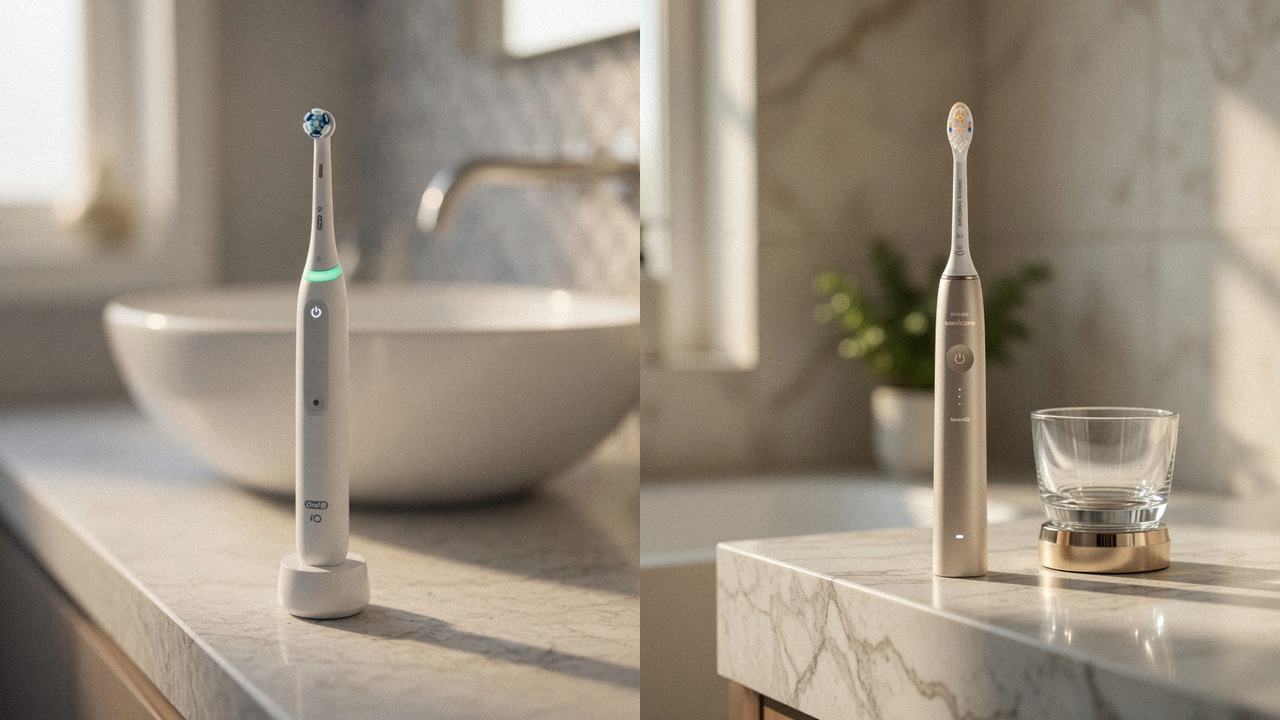 Oral-B iO Series 3 beside Philips Sonicare DiamondClean 9900 Prestige on the same bathroom counter