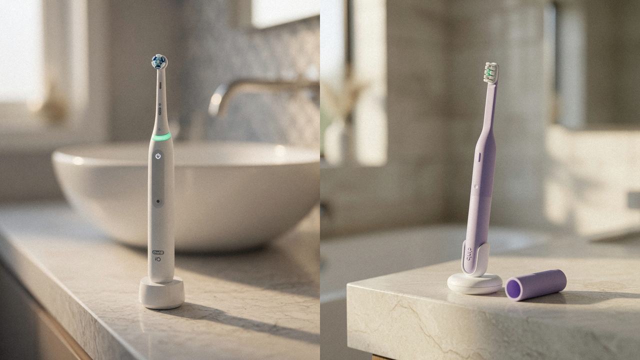 Oral-B iO Series 3 beside Quip Ultra Lite Sonic on the same bathroom counter