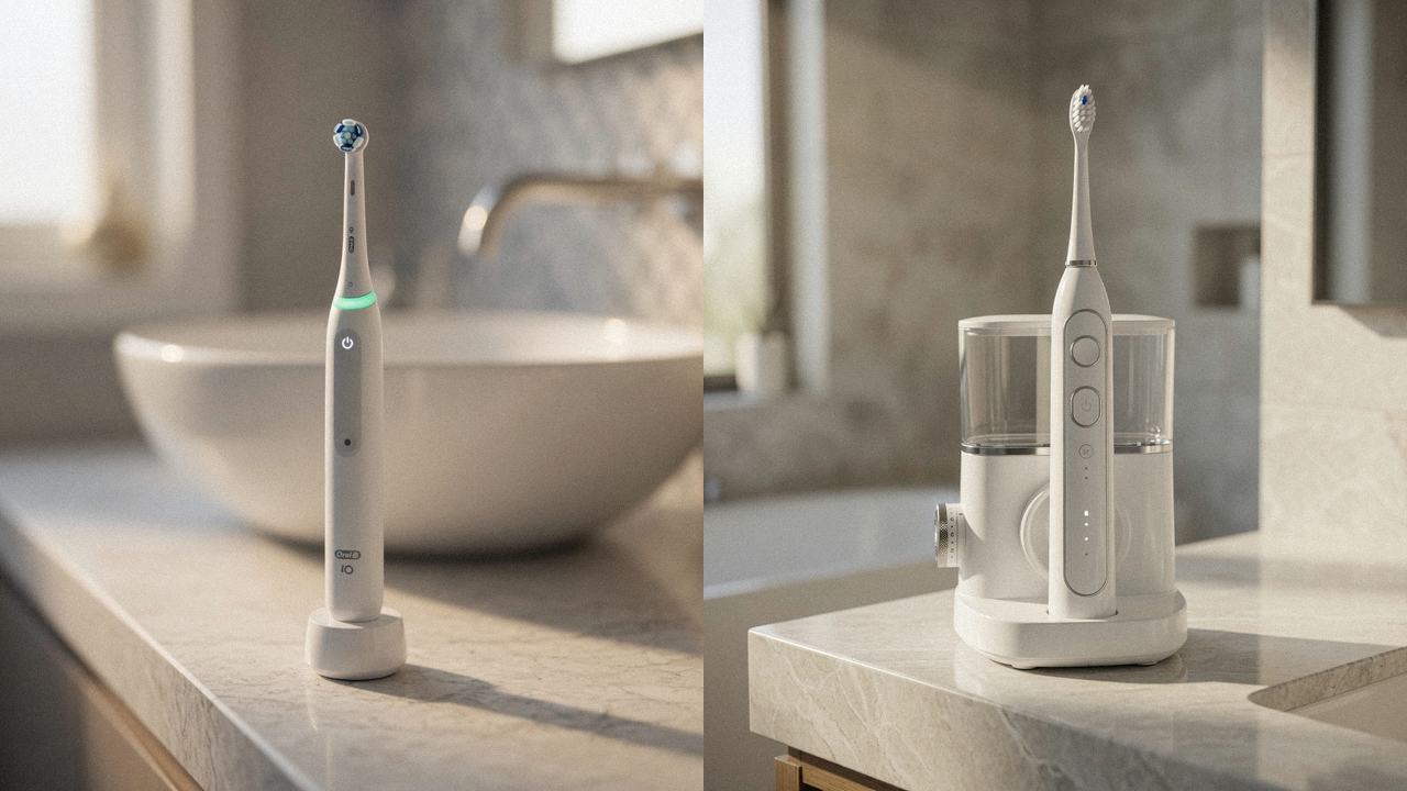 Oral-B iO Series 3 beside Waterpik Sonic-Fusion 2.0 on the same bathroom counter