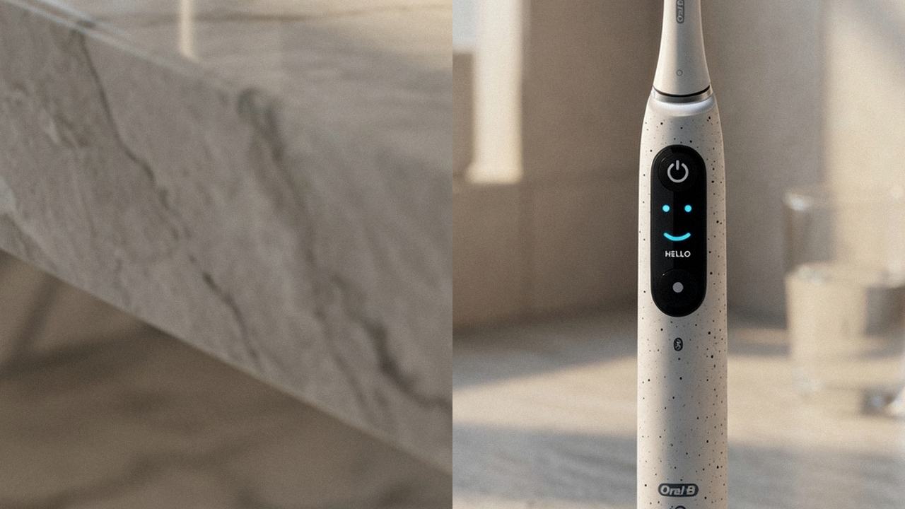 Oral-B iO Series 5 beside Oral-B iO Series 10 on the same bathroom counter