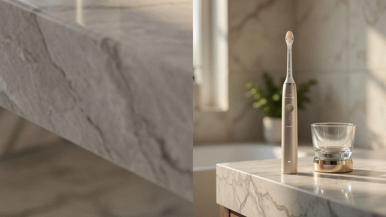 Oral-B iO Series 5 beside Philips Sonicare DiamondClean 9900 Prestige on the same bathroom counter