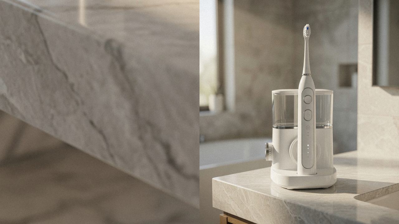 Oral-B iO Series 5 beside Waterpik Sonic-Fusion 2.0 on the same bathroom counter
