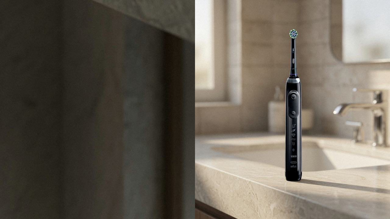 Oral-B iO Series 7 beside Oral-B Genius X on the same bathroom counter