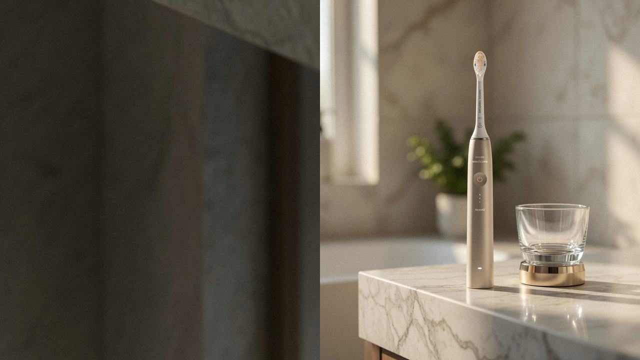 Oral-B iO Series 7 beside Philips Sonicare DiamondClean 9900 Prestige on the same bathroom counter