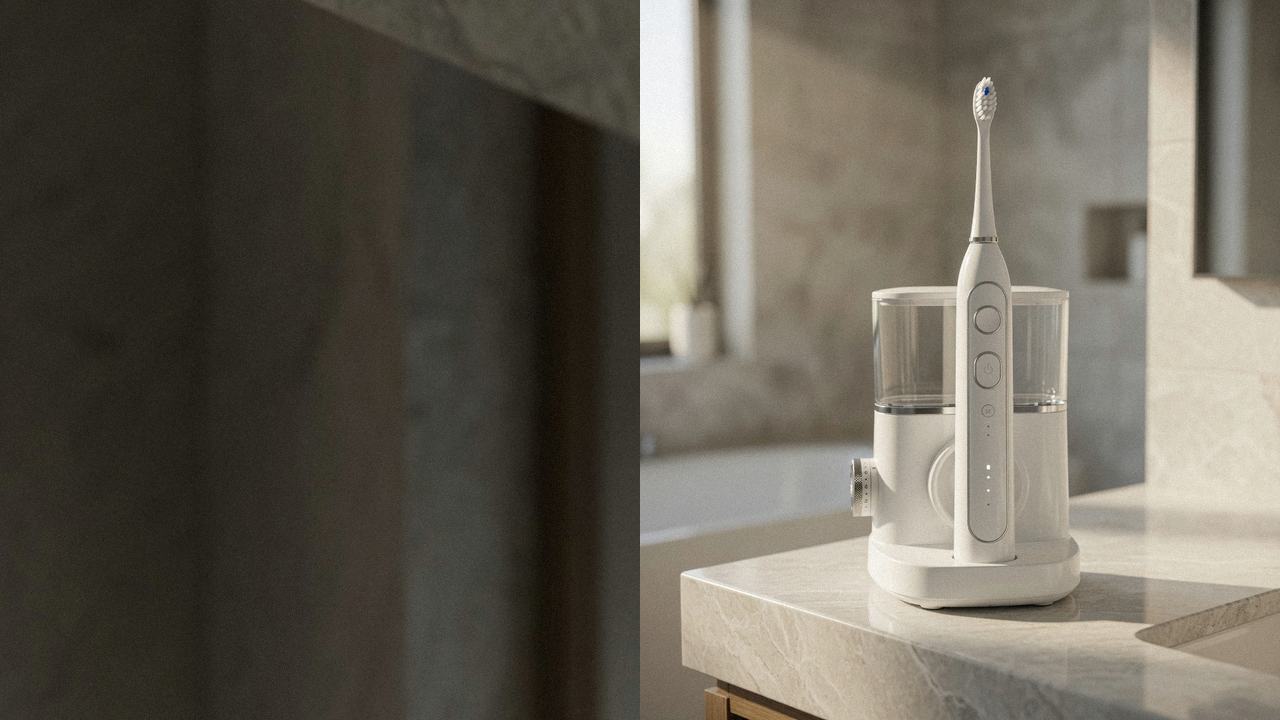 Oral-B iO Series 7 beside Waterpik Sonic-Fusion 2.0 on the same bathroom counter