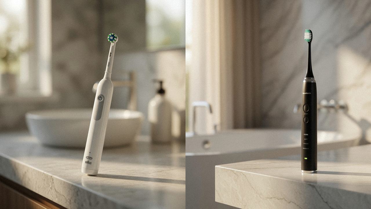 Oral-B Pro 1000 beside AquaSonic Black Series on the same bathroom counter