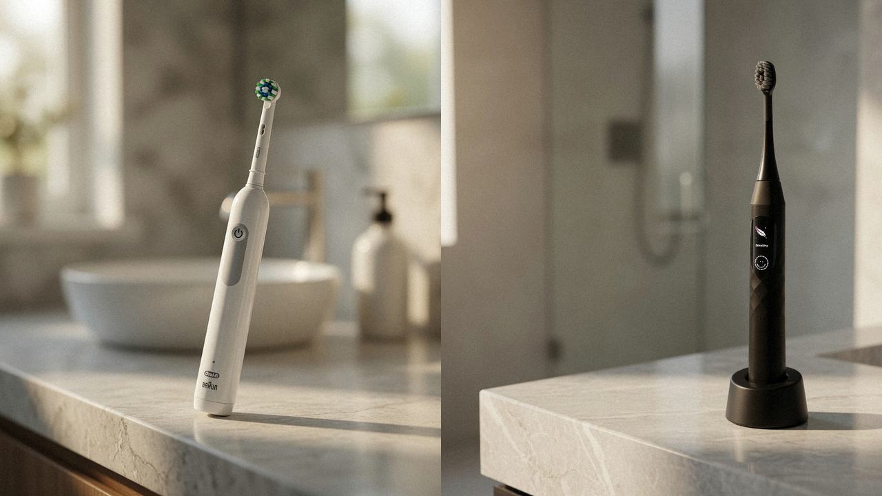 Oral-B Pro 1000 beside Burst Pro 2.0 on the same bathroom counter