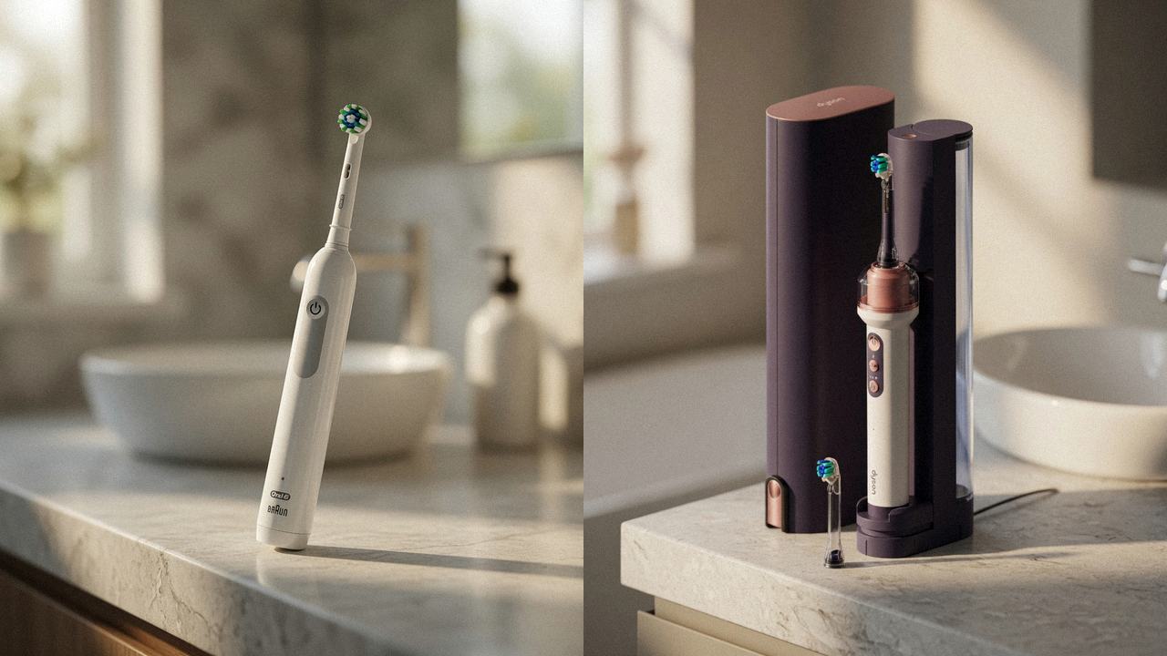 Oral-B Pro 1000 beside Dyson CameraJet on the same bathroom counter