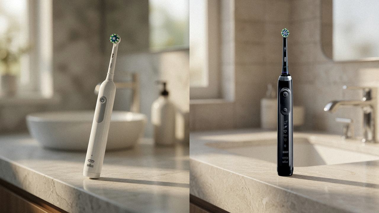 Oral-B Pro 1000 beside Oral-B Genius X on the same bathroom counter
