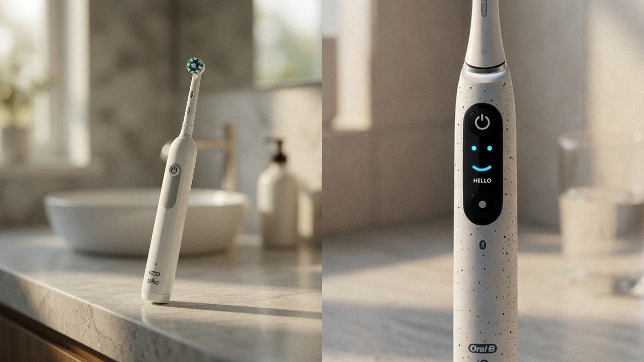 Oral-B Pro 1000 beside Oral-B iO Series 10 on the same bathroom counter