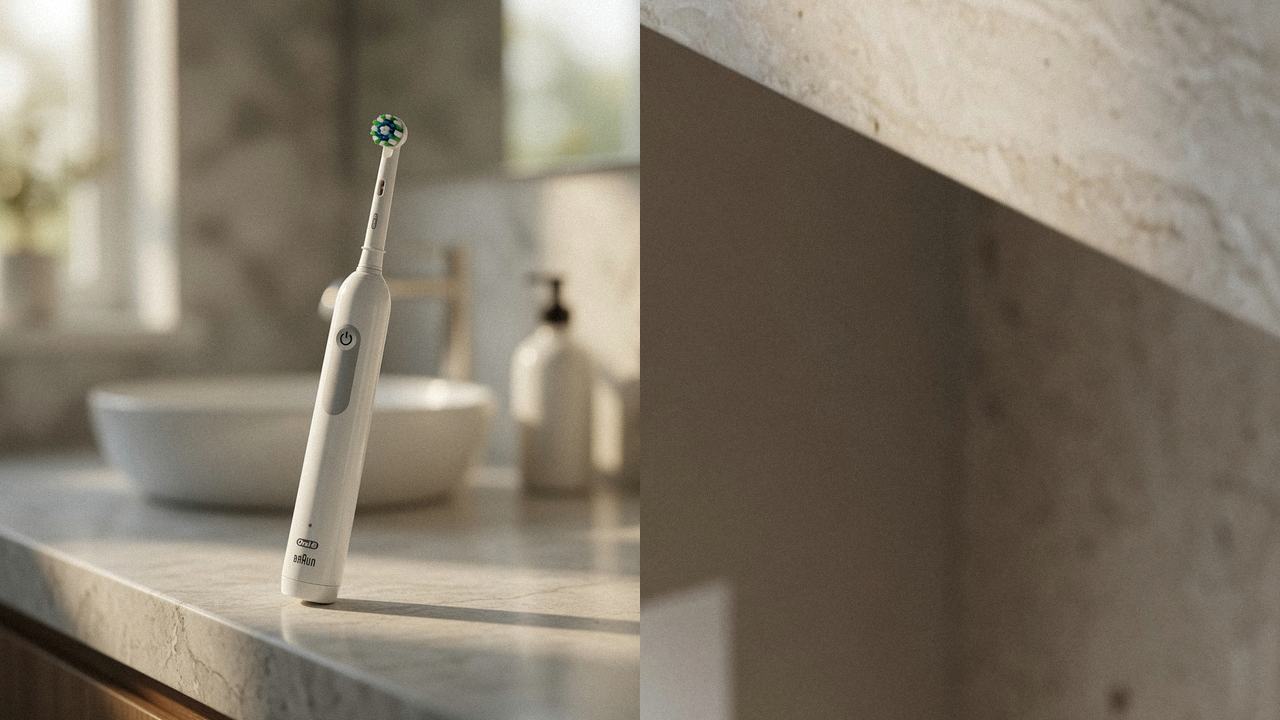 Oral-B Pro 1000 beside Oral-B iO Series 2 on the same bathroom counter