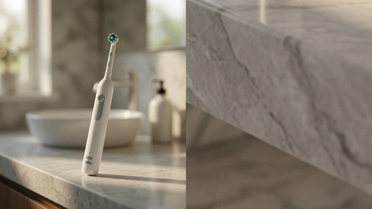 Oral-B Pro 1000 beside Oral-B iO Series 5 on the same bathroom counter